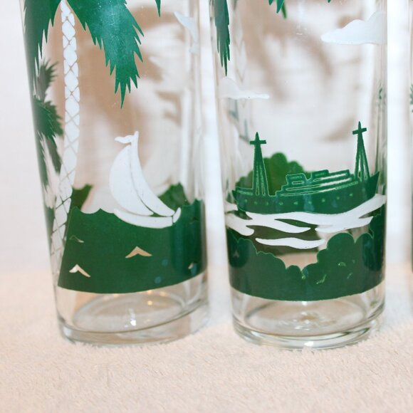3 Vintage Libbey Tom Collins Cocktail Glasses Tropical Island Palm Tree Glasses - Picture 9 of 9
